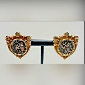 Coin Sterling Silver 925 Vermeil Earrings Gold Clip Vtg Two Tone Greek Italian